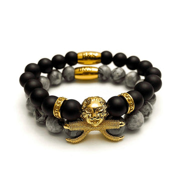 Man Bracelets - Men’s Beaded Bracelets - Gold Lion with Black & Grey Stones Set - gold bracelet for man Bracelet XS (14-15cm) Brother & Sisters